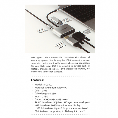 Adapter Type C na HDMI VGA PD USB3.0 SOTAKO ST-C0401 4 u 1 sivi slika 4