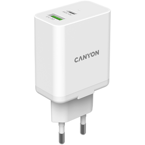 Canyon, PD 20W/QC3.0 18W WALL Charger with 1-USB A+ 1-USB-C Input: 100V-240V, Output: 1 port charge: USB-C:PD 20W (5V3A/9V2.22A/12V1.67A) , USB-A:QC3.0 18W (5V3A/9V2.0A/12V1.5A), 2 port charge: common charge, total 5V, 3.4A, Eu plug, Over- Voltage