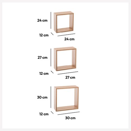 FIVE ZIDNA POLICA KOCKA 3 KOM 24X12X24, 27X12X27, 30X12X30 MDF NATURAL 138957C slika 2