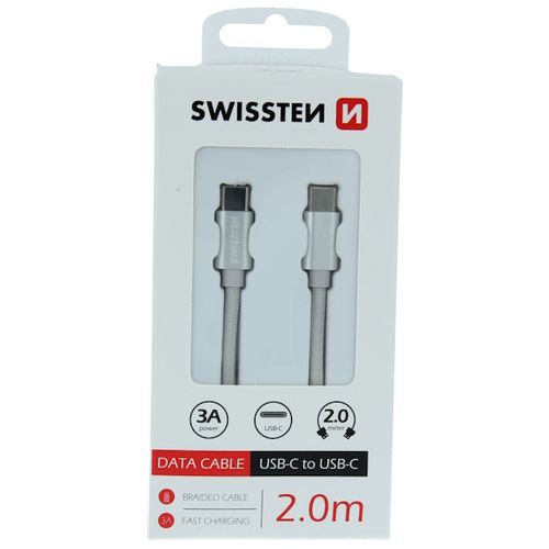 SWISSTEN kabel USB-C/USB-C , platneni, 2 m,srebrni slika 1