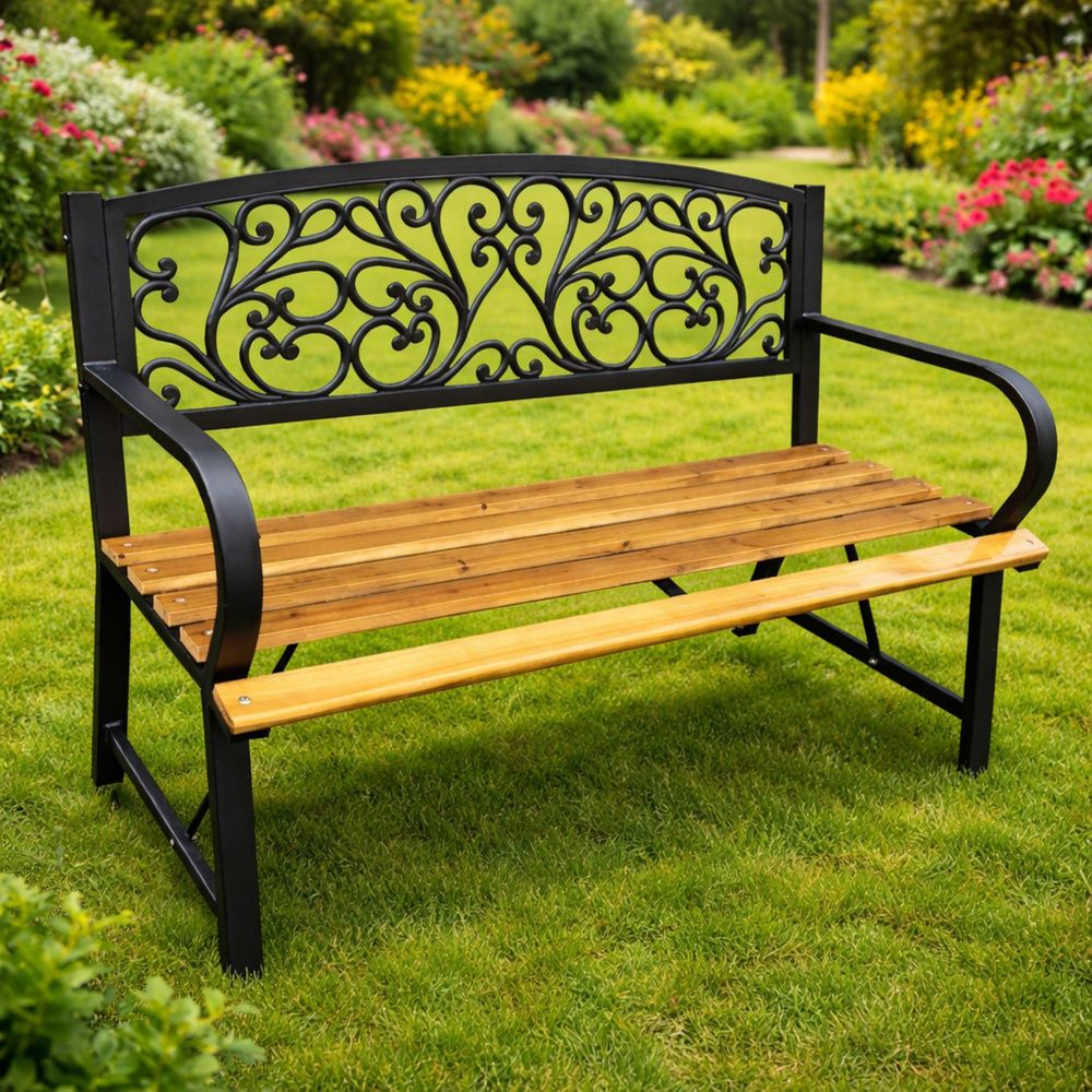 Vrtna klupa za park, terasu, metalna, drvena, za 2 osobe, 118 cm slika 5