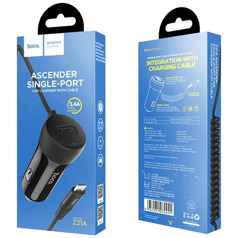 hoco. Auto punjač za Lightning kabelom,  1 x USB, 2.4 A max. - Z21A Ascender Lightning slika 2