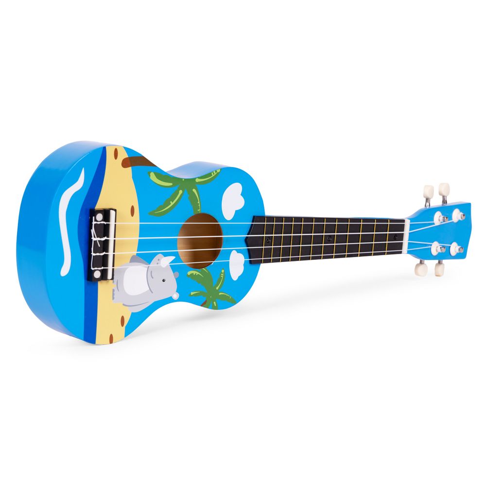 ECOTOYS drvena ukulele za djecu, plava – 4 najlonske žice i trzalica slika 3