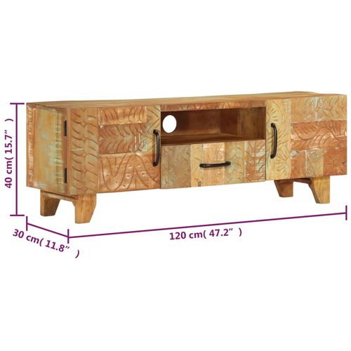 Ručno izrezbareni TV ormarić od obnovljenog drva 120x30x40 cm slika 44