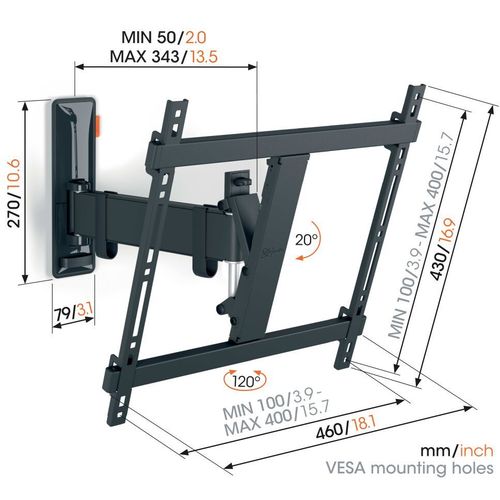 Vogels TVM3423, zidni nosač za ekrane od 32"-65", nagib do 20° pomak 120°, 25kg slika 2