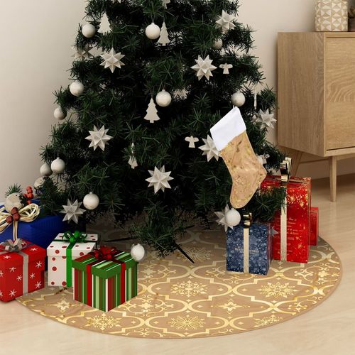 Luksuzna podloga za božićno drvce s čarapom žuta 122 cm tkanina slika 1