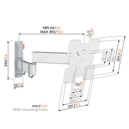 Vogels TVM3243WH, zidni nosač za ekrane od 19"-43", nagib do 20° pomak 180° slika 3