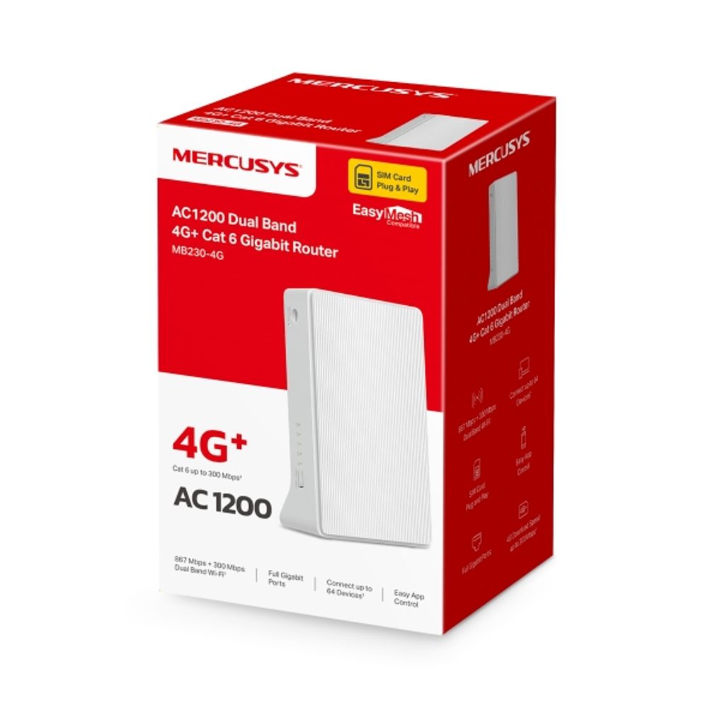 Mercusys MB230-4G AC1200 Wi-Fi 4G+ LTE Router, Build-In 300Mbps 4G LTE Modem, 300 Mbps at 2.4 GHz,867 Mbps at 5 GHz, 4G+ Cat6 300/50 Mbps, Internal Antennas, 1× G LAN Port, 1× G WAN/LAN Port, FDD-LTE,TDD-LTE,HSPA+/UMTS, MERCUSYS APP, Nano SIM Card slika 1
