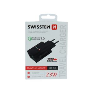 SWISSTEN punjač za AC220, 2xUSB, QUALCOMM 3.0, brzi, 23W, crni EOL