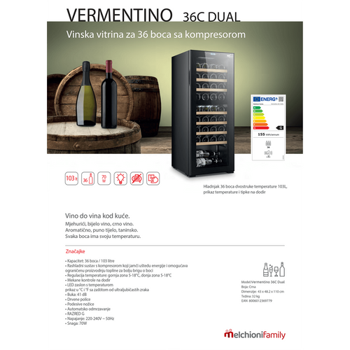 Melchioni Family rashladna vinska vitrina, zapremina 103 lit - Vermentino 36 C dual slika 5