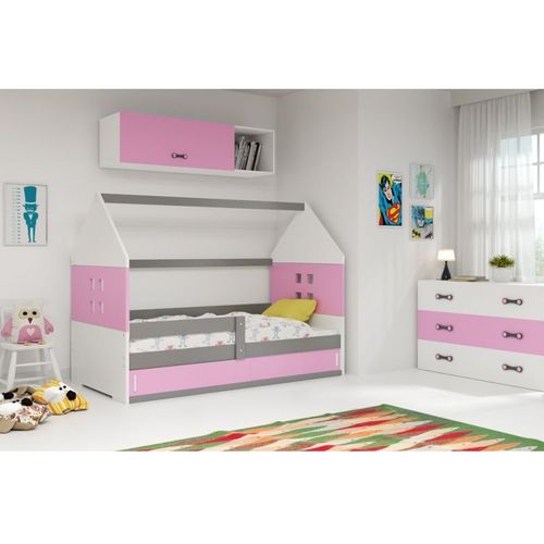 Drveni dečiji krevet Domi 1 sa prostorom za skladištenje - 160x80 cm - roze - belo - sivo slika 1