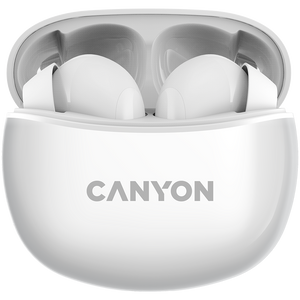 Canyon TWS-5 Bluetooth headset, with microphone, BT V5.3 JL 6983D4, Frequence Response:20Hz-20kHz, battery EarBud 40mAh*2+Charging Case 500mAh, type-C cable length 0.24m, size: 58.5*52.91*25.5mm, 0.036kg, White