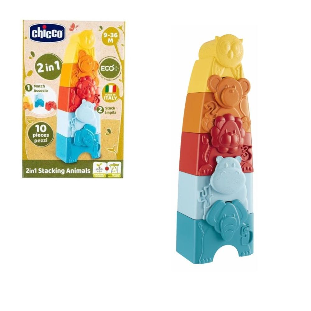 Chicco Didaktička igračka ECO+ 2U1 Stacking Animals - Toranj slagalica životinje slika 1