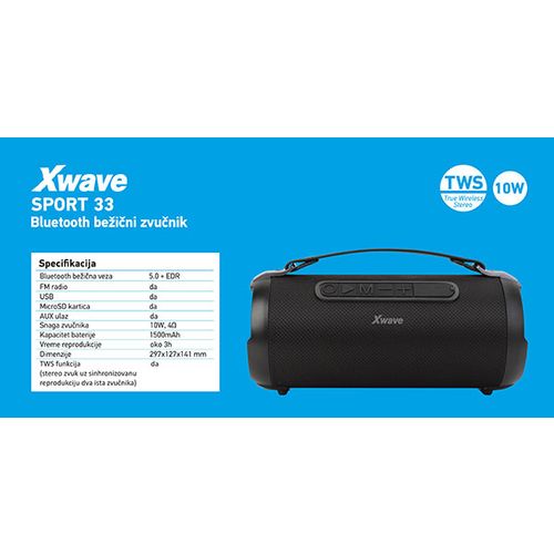 Xwave SPORT 33 Bluetooth zvučnik TWS/v5.0/10W/FM/MicroSD/USB/AUX/1500mAh slika 8