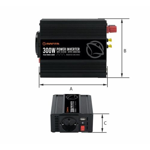 MANTA pretvarač 12V-24V DC na 230W AC, sinusni 600W, crni 2MPI300M slika 3