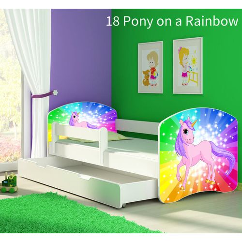 Dječji krevet ACMA s motivom, bočna bijela + ladica 140x70 cm - 18 Pony on a rainbow slika 1