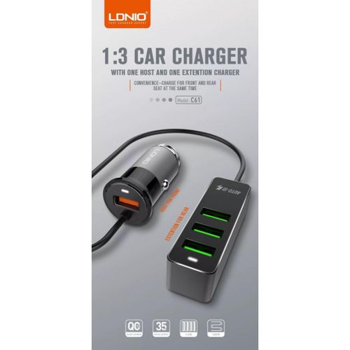 LDNIO Auto Adapter C61 s 1 USB Quick Charge i 3 USB Porta slika 2