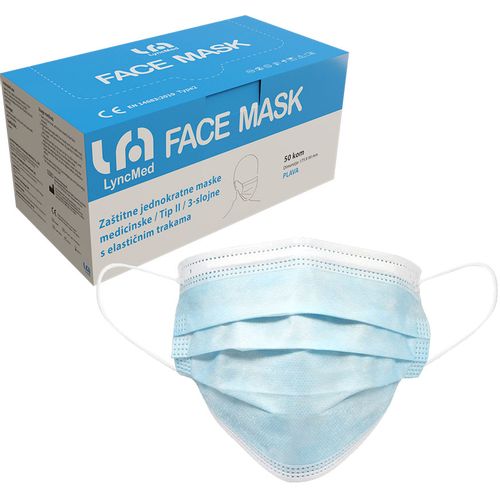 Kirurške maske TIP II, troslojne s gumicom, boja PLAVA - Lyncmed - 200 kom slika 1