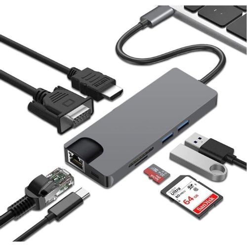 E-GREEN Adapter USB 3.1 Tip C (M) - HDMI+VGA+2X 3.0 USB + tip C + SD (F) + RJ45 slika 1