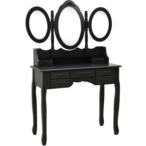 Toaletni stolić sa stolcem i trostrukim ogledalom crni slika 12
