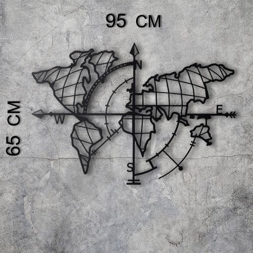 Wallity Metalna zidna dekoracija, World Map Compass Led - Black slika 7