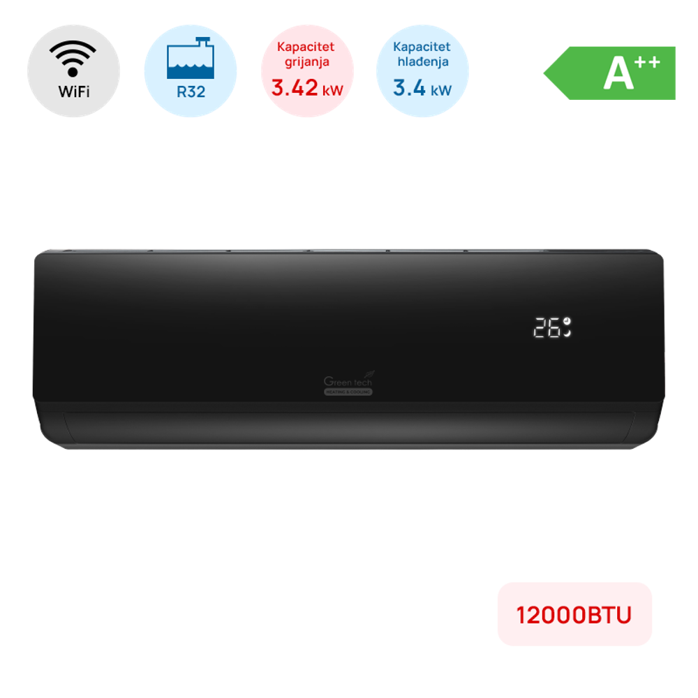 Klima Green Tech 12000BTU, 3.4kW, A++, R32, -15°C ~ 53°C, WiFi, crna slika 1
