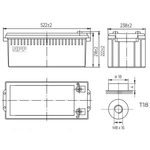 NPP NPG12V-200Ah, GEL BATTERY, C20=200AH, T16, 522x238x218x222, 52,8KG, Light grey slika 3