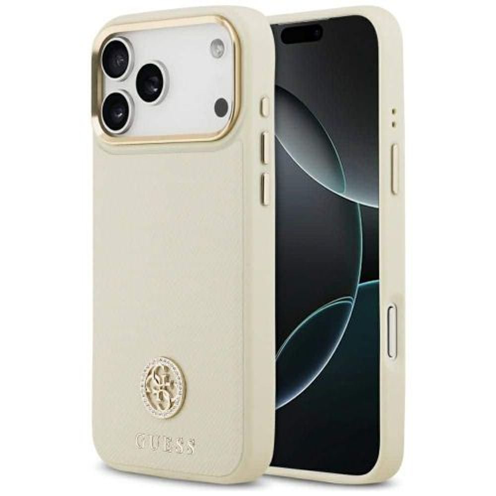 GUESS maskica za iPhone 17 Pro kompatibilna s MagSafe (PU s logom od zrnaste strass tkanine) bež (IZLOŽBENI ARTIKL) slika 1