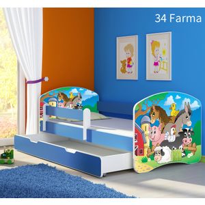 Dječji krevet ACMA s motivom, bočna plava + ladica 140x70 cm 34-farm