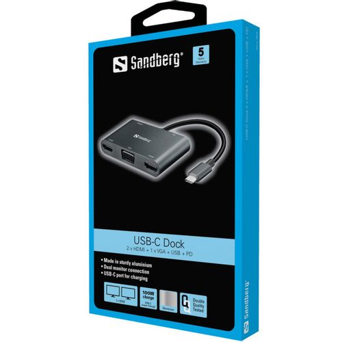 Docking station Snadberg USB-C - 2xHDMI/VGA/USB 3.0/USB C PD 136-35 slika 2