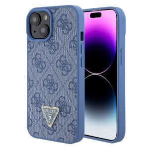 GUESS maska za iPhone 15 LEATHER 4G TRIANGLE STRASS BLUE