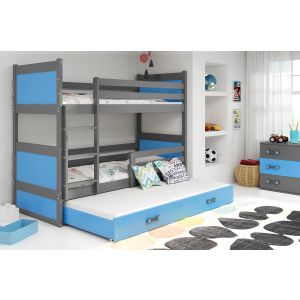 Drveni dječji krevet na sprat Rico sa tri kreveta - 190x80cm - Sivi/Plavi
