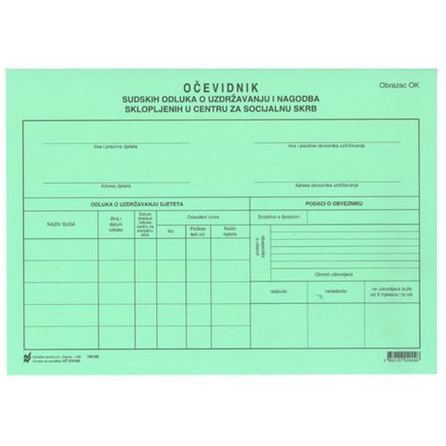 XVI-60 OČEVIDNIK SUDSKIH ODLUKA O UZDRŽAVANJU I NAGODBA SKLOPLJENIH U CENTRU ZA SOCIJALNU SKRB (Obrazac OK); Karton, 29,7 x 21 cm slika 1