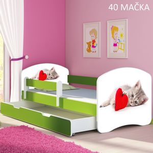 Dječji krevet ACMA s motivom, bočna zelena + ladica 180x80 cm 40-macka