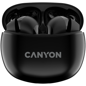 Canyon TWS-5 Bluetooth headset, with microphone, BT V5.3 JL 6983D4, Frequence Response:20Hz-20kHz, battery EarBud 40mAh*2+Charging Case 500mAh, type-C cable length 0.24m, size: 58.5*52.91*25.5mm, 0.036kg, Black