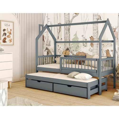 Drveni dečiji krevet Papi sa dodatnim krevetom i fiokom - grafit - 160/180x80 cm slika 1