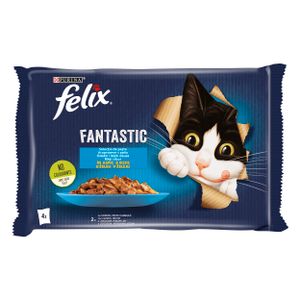 FELIX Fantastic Odabir ribljih okusa, potpuna hrana za kućne ljubimce, za odrasle mačke, mokra hrana s lososom u želeu i s listom u želeu, 4x85g