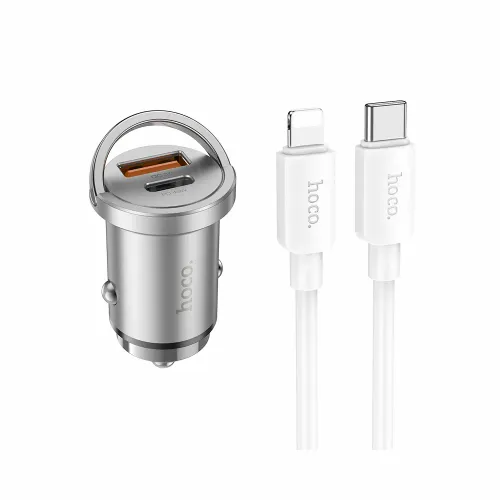 HOCO auto punjač USB A + Type-C + kabel Type-C na Lightning PD QC3.0 4A 45W NZ10 srebrni slika 1