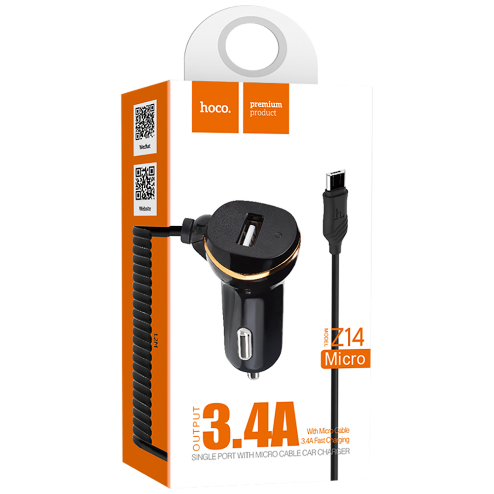 hoco. Auto punjač  sa micro USB kabl, USB, 5 V/3.4 A, crna - Z14 single, micro USB, BK slika 2
