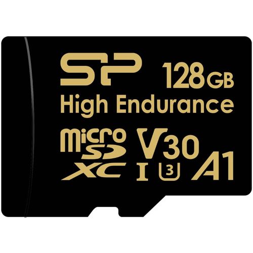 Silicon Power SP128GBSTXDV3V1HSP MicroSD 128GB, High Endurance, Golden Series, SDXC, UHS-I U3 V30 A1 Class 10, Read/Write up to 100/80 MB/s, Extended operation range -25 - 85℃,  for 4K and Full HD recording, w/SD Adapter slika 1