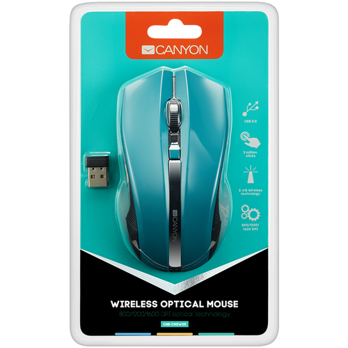 CANYON MW-5 2.4GHz wireless Optical Mouse with 4 buttons, DPI 800/1200/1600, Green, 122*69*40mm, 0.067kg slika 4