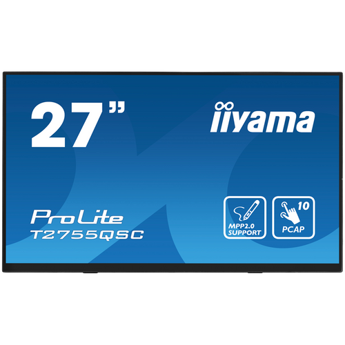 IIYAMA T2755QSC-B1 Monitor 27” Optical Bonded PCAP 10pt IPS Edge to edge glass 2560 x 1440 @75Hz 400 cd/m² HDMI DP USB Hub Tilt angle 15° up; 70° down slika 1