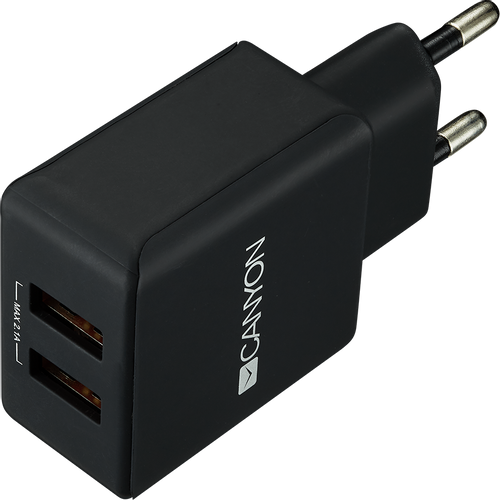CANYON H-03 Universal 2xUSB AC charger (in wall) with over-voltage protection, Input 100V-240V, Output 5V-2.1A, with Smart IC, black rubber coating with side parts+glossy with other parts, 80*42.5*23.8mm, 0.042kg slika 1