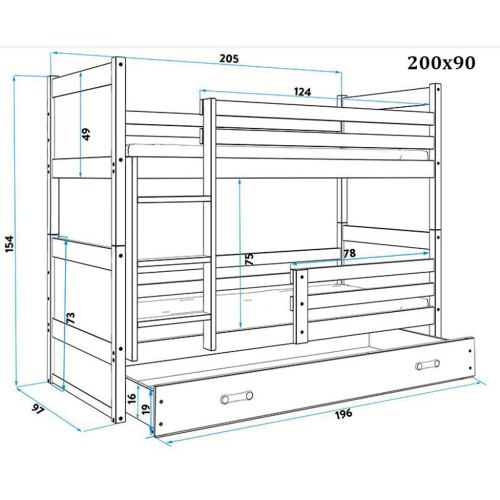 Drveni dečiji krevet na sprat Rico sa tri kreveta - bukva - sivi - 200x90 cm slika 3