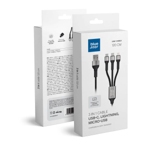 Blue Star 3-u-1 pleteni kabel s mikro USB, USB C i Lightning 3A konektorima