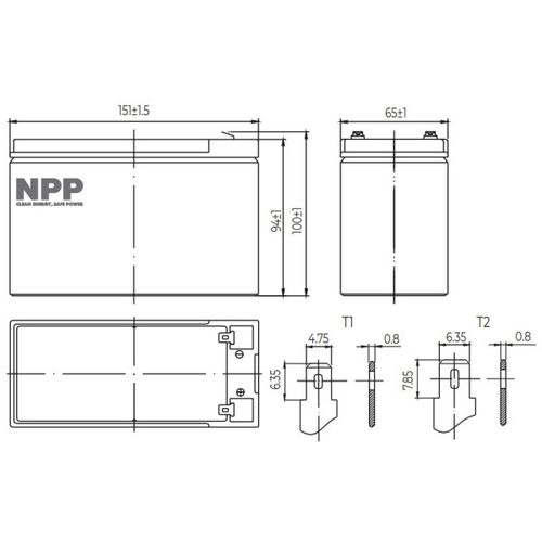 NPP NP12V-9Ah-T1, AGM BATTERY, C20=9AH, T1, 151x65x94x100, 2,5KG, BLACK slika 2