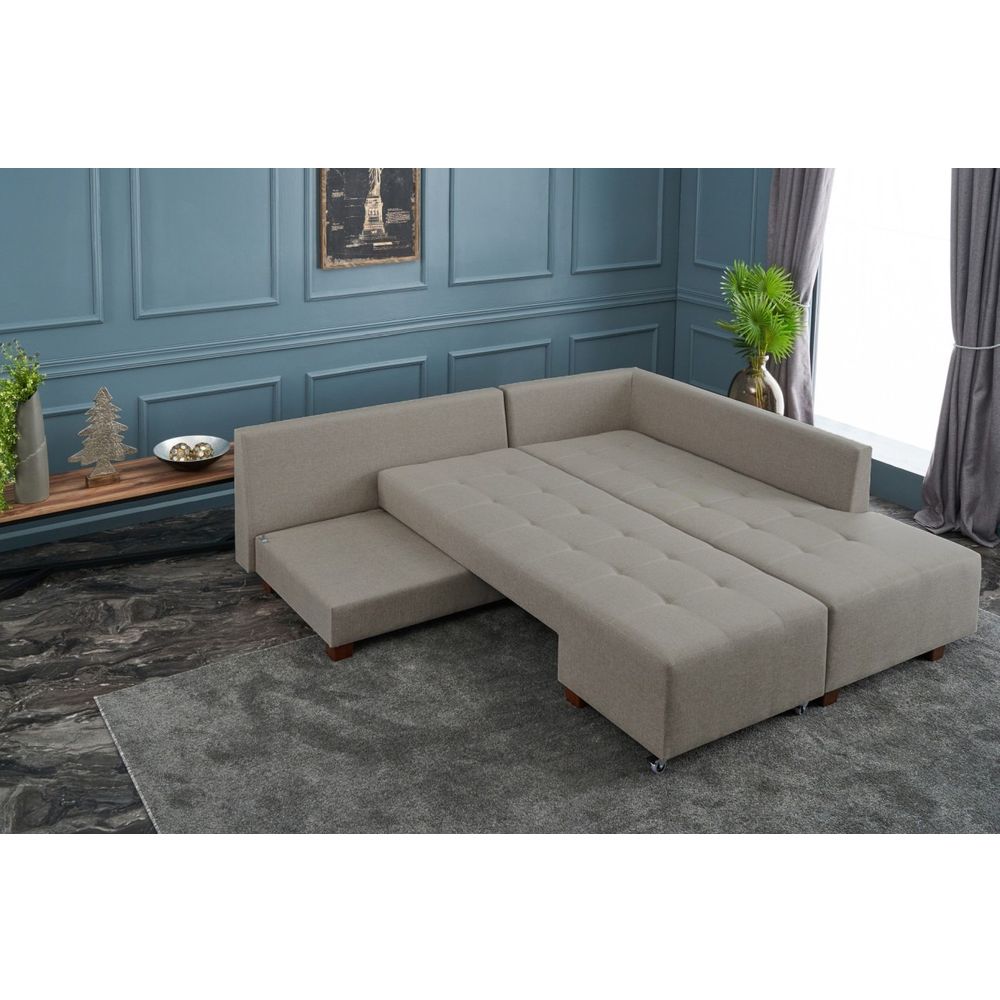 Ugaona Sofa na Razvlačenje Manama - Desni Kut, Krem Boja slika 3