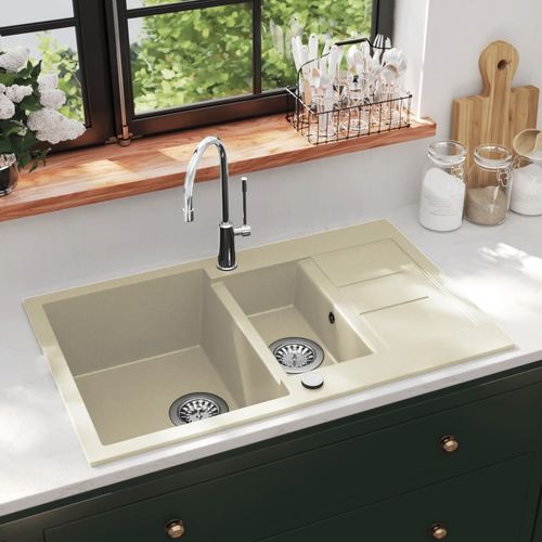 Granitni kuhinjski sudoper s dvostrukom kadicom bež slika 19