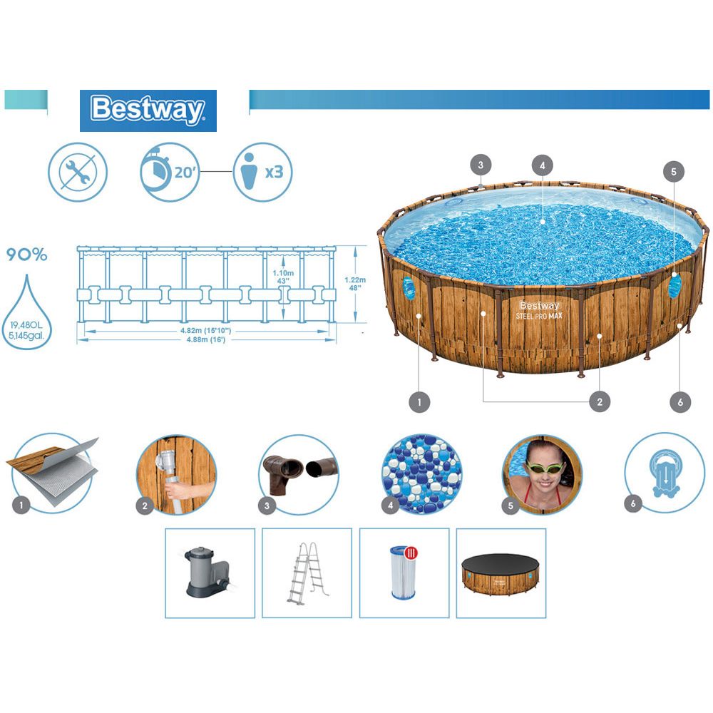 Bestway Frame Pool Wood 488x122 Windows pumpa ljestve navlaka 56725 slika 8