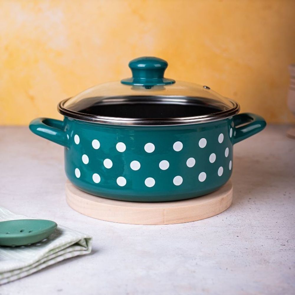 Metalac šerpa plitka sa staklenim poklopcem GREEN DOTS 20 cm / 2.75 l zeleno sa bijelim tufnama  slika 2